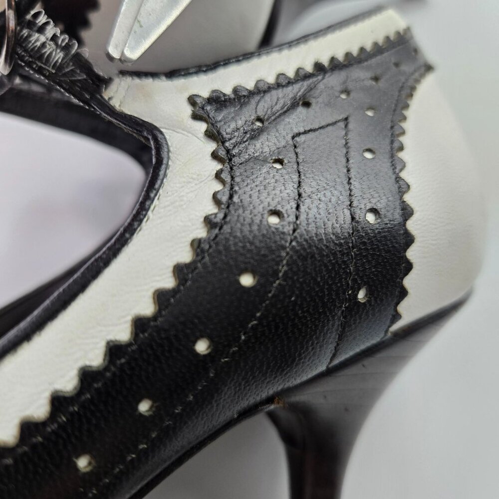 VTG Via Spiga 7.5 Black White Leather Peep-Toe Mary Jane Oxford Heels Lady*Read - Picture 13 of 15
